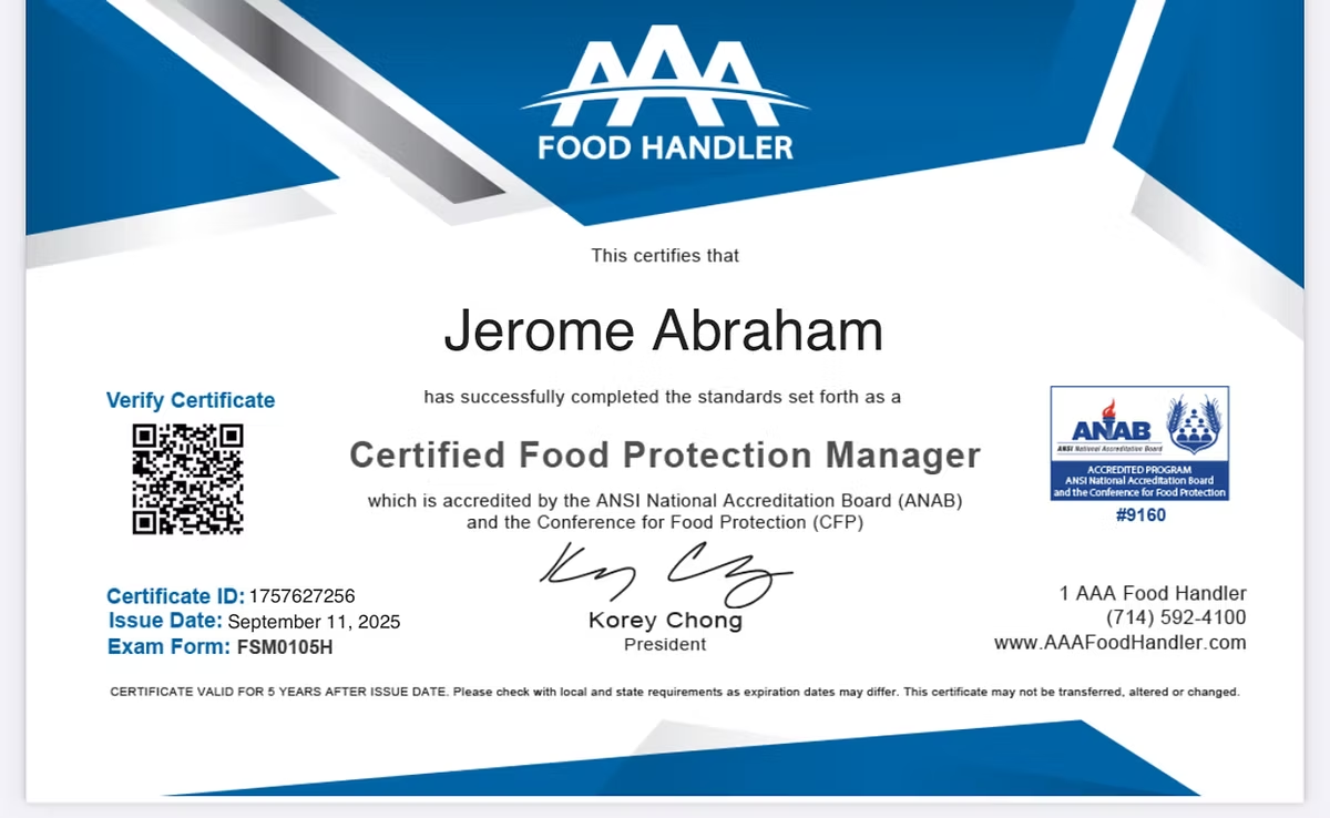 Jerome Abraham Certified Food Protection Manager certificate