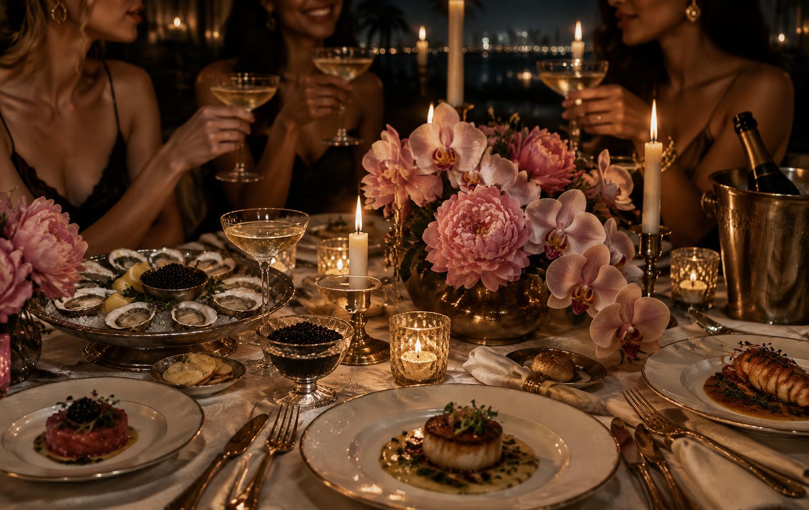 Candlelit bachelorette dinner table in Miami with oysters, caviar, Champagne and plated courses