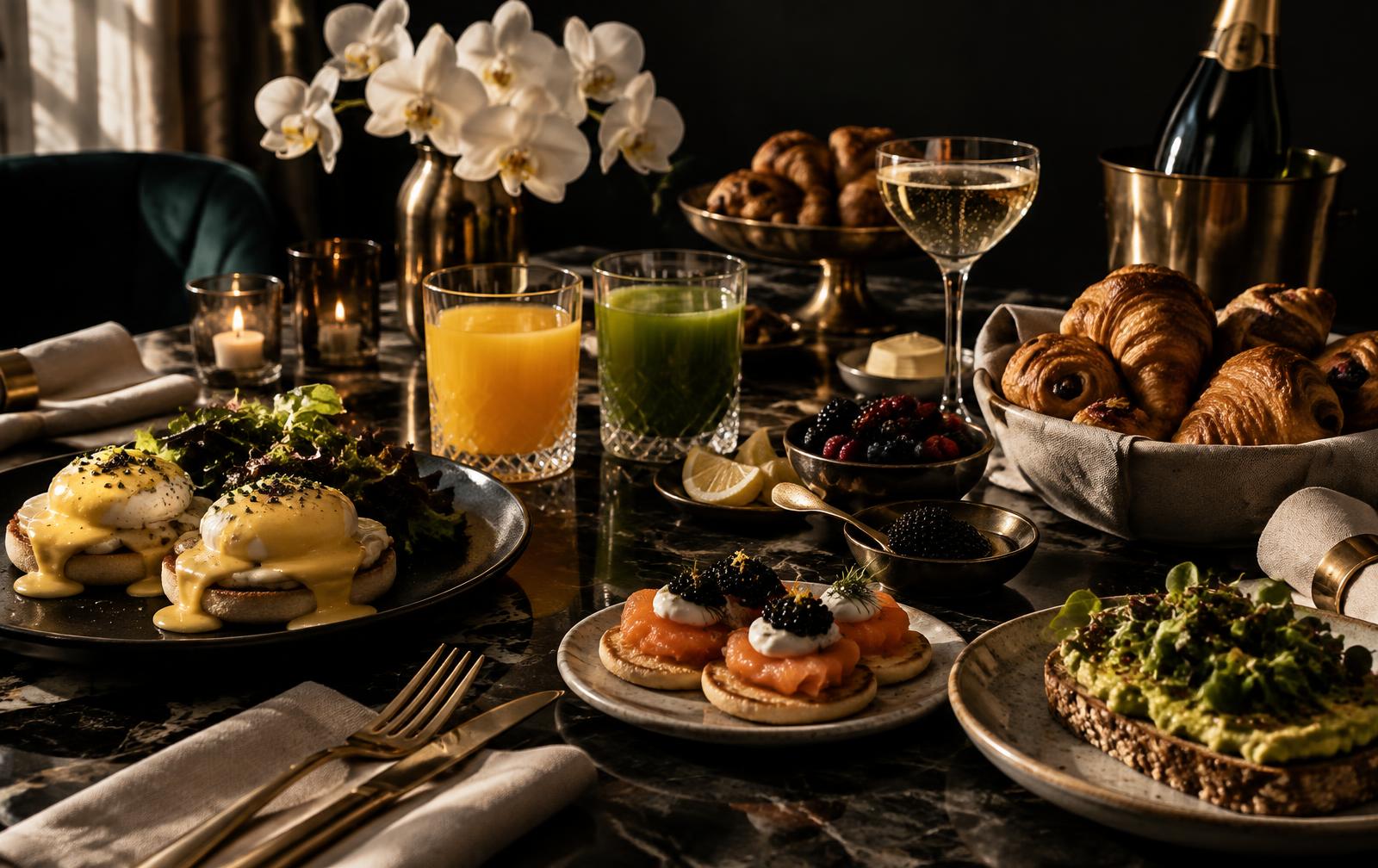 Luxury brunch table in Miami with viennoiserie, eggs benedict, caviar blinis, fresh juices and sparkling wine