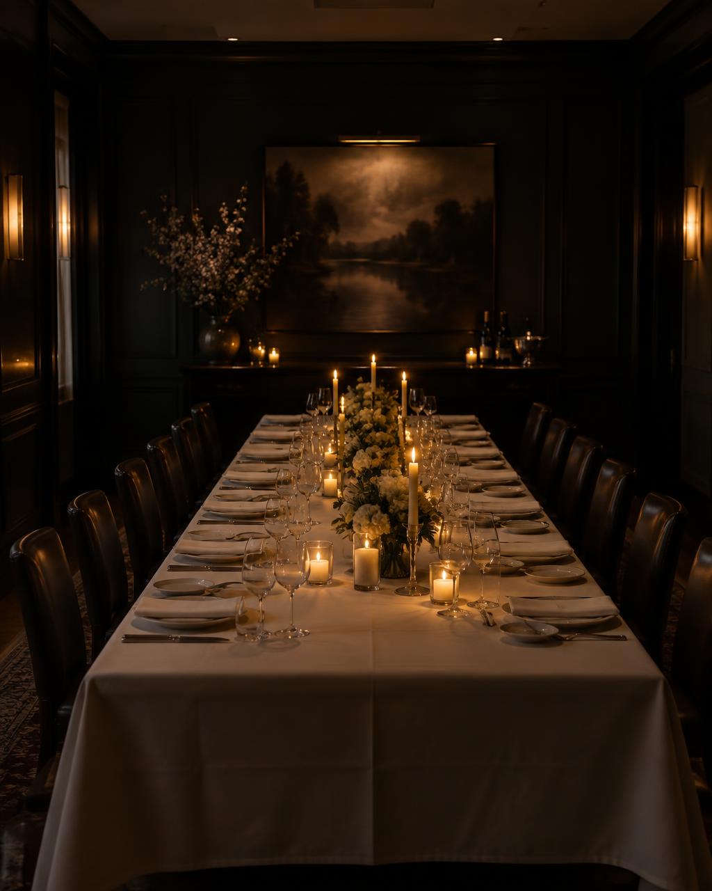 Private dining room set for a corporate dinner in Miami with candlelight and plated service
